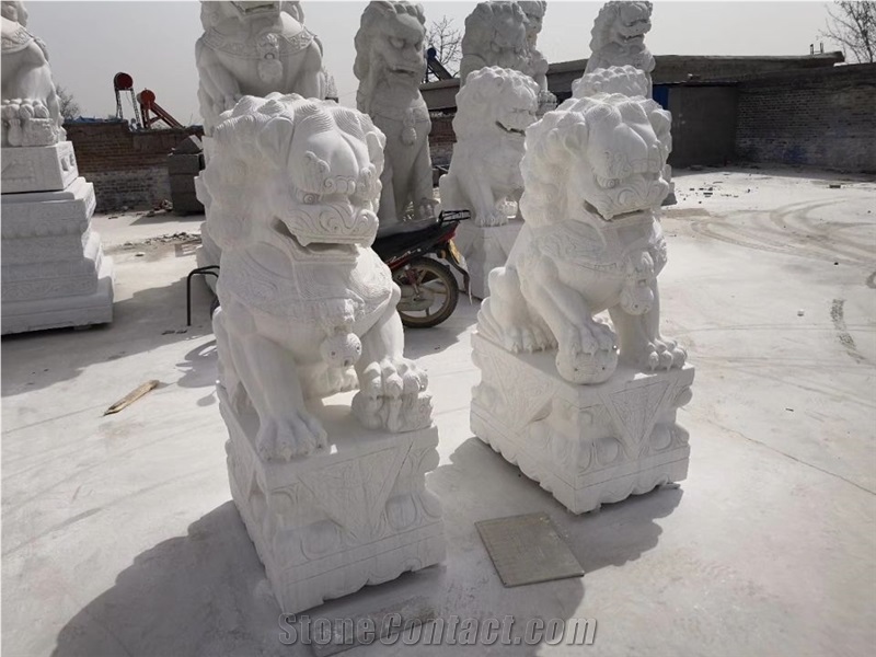 Hand Carved White Marble Lion Sculpture,Guardian Lions Sculpture
