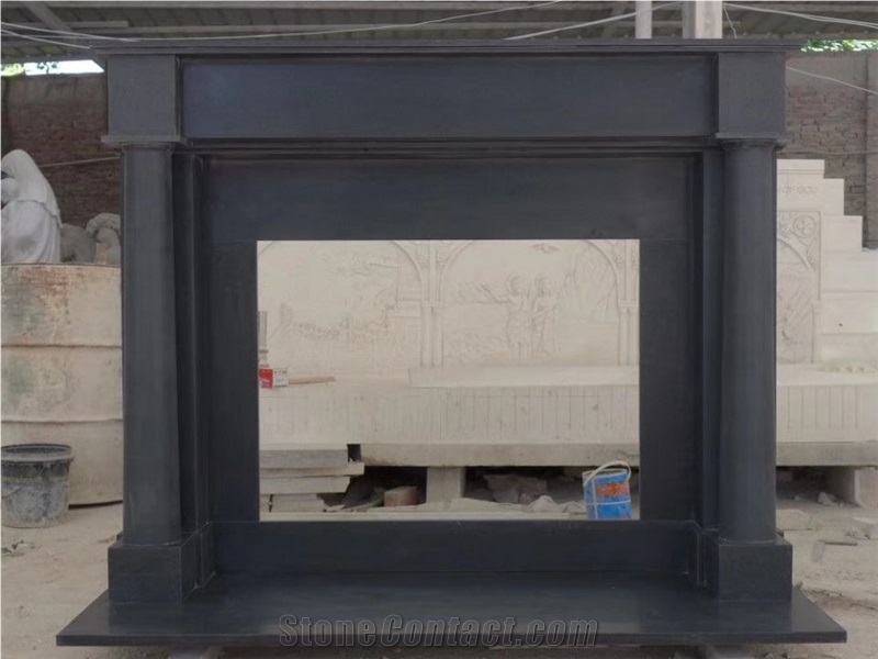 Honed Black Marble Handcarved Fireplace Mantel with Column Design