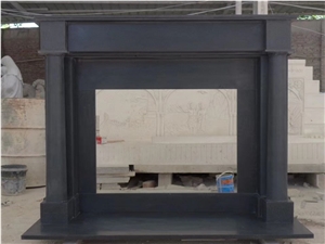 Honed Black Marble Handcarved Fireplace Mantel with Column Design