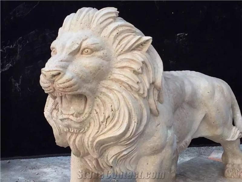 Lion Stone Amimal Carvings,Beige Travertine Garden Stone Lion Statues