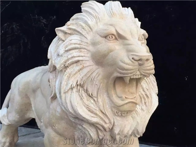 Lion Stone Amimal Carvings,Beige Travertine Garden Stone Lion Statues