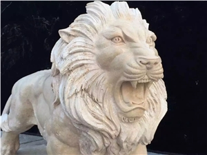 Lion Stone Amimal Carvings,Beige Travertine Garden Stone Lion Statues