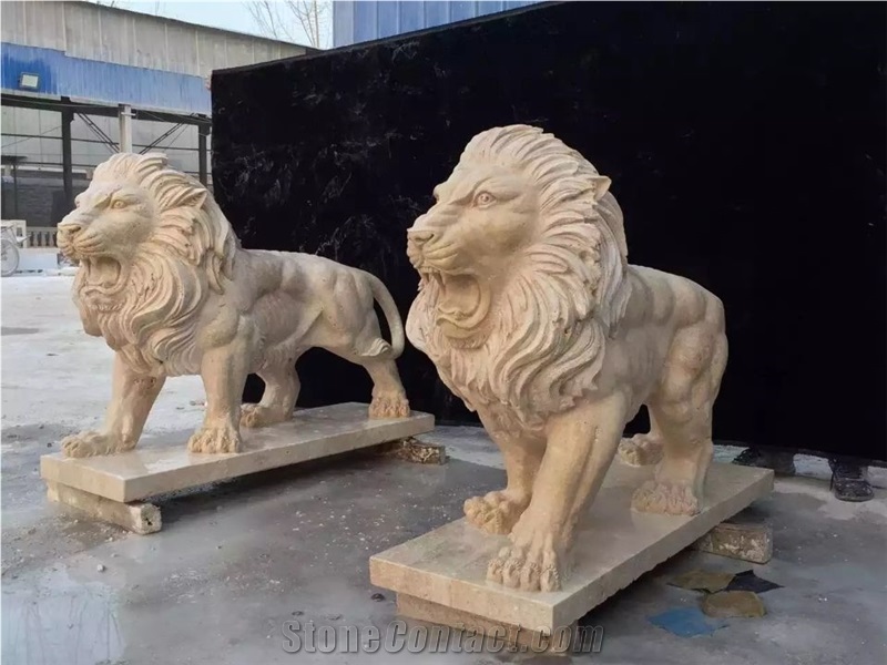 Lion Stone Amimal Carvings,Beige Travertine Garden Stone Lion Statues
