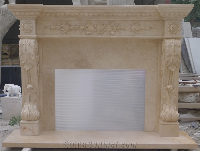 Marble Fireplaces,Hand Carved Hunan Beige Marble Fireplace Surround