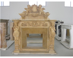 Natural Beige Marble Fireplace Mantel Cover Surround with Lion Statues