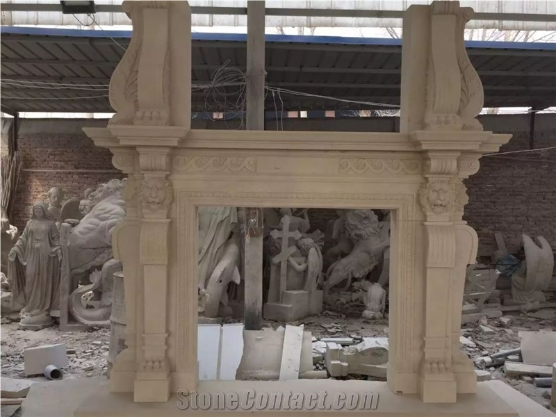 Two Layer Beige Marble Fireplace Mantel,Carved Marble Fireplaces