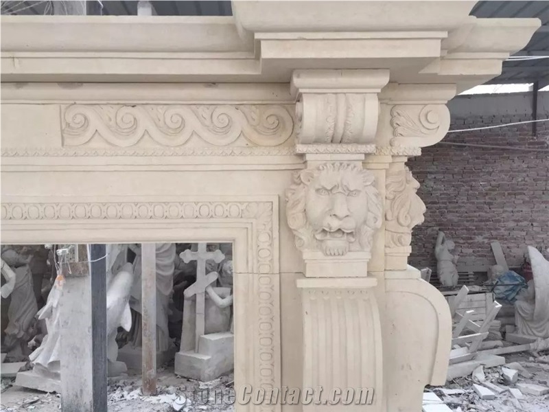 Two Layer Beige Marble Fireplace Mantel,Carved Marble Fireplaces