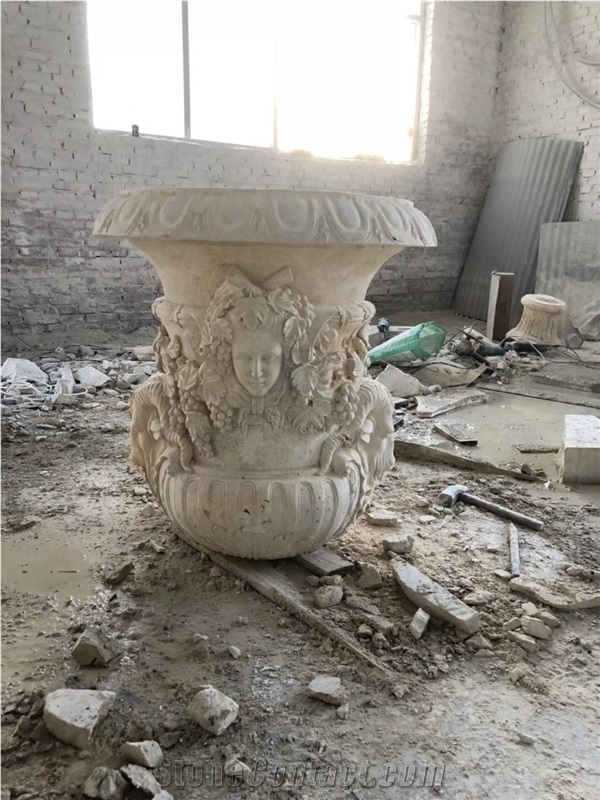 White Limestone Handcarved Flower Pot,Garden Stone Planter Pot
