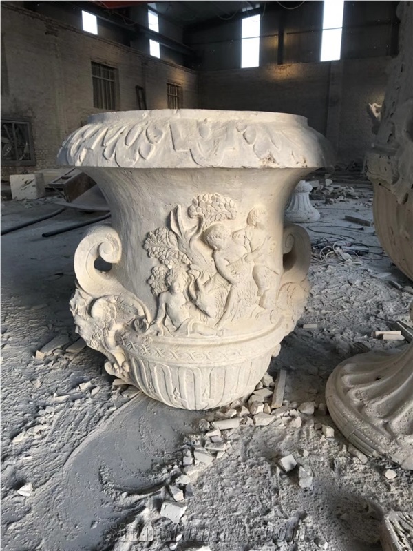 White Limestone Handcarved Flower Pot,Garden Stone Planter Pot