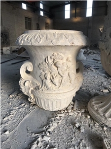 White Limestone Handcarved Flower Pot,Garden Stone Planter Pot