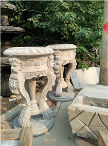 White Marble Handcarved Flower Vase,Landscaping Planter Pot