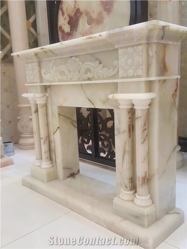 White Onyx Sculptured Fireplace
