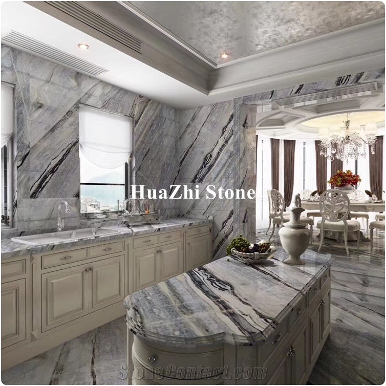Bookmatched Blue Danube Strip Vein Marble for Hotel Lobby Interior Slab