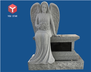 China Gray Granite 2 Niche Sitting Angel Sculpture Statue Columbarium
