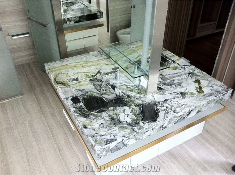 Book Matched Ice Connect Marble/ Green Marble Tabletops