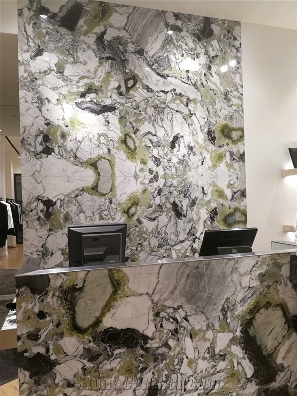 Book Matched Ice Connect Marble/ Green Marble Tabletops