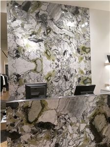 Book Matched Ice Connect Marble/ Green Marble Tabletops