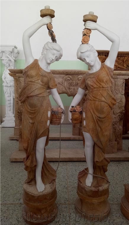 Natural White Marble Lady Sculpture Lamp Post