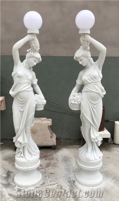 Natural White Marble Lady Sculpture Lamp Post