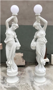 Natural White Marble Lady Sculpture Lamp Post