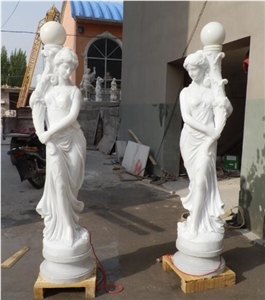 Natural White Marble Lady Sculpture Lamp Post