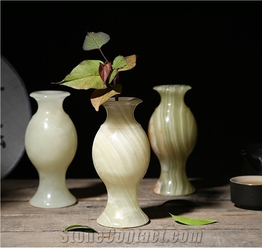Green Jade Flower Vase Handicraft Carving Onyx Decor Gift Sculpture