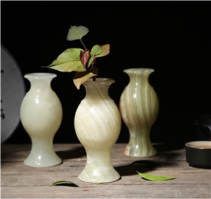 Green Jade Flower Vase Handicraft Carving Onyx Decor Gift Sculpture