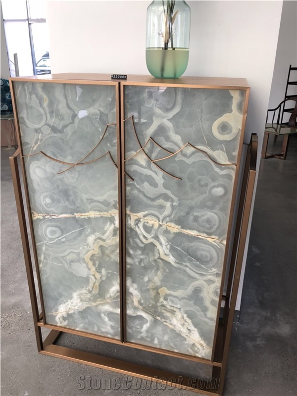 Green Onyx and Wooden Cabinet Chinese Furniture Custom Design