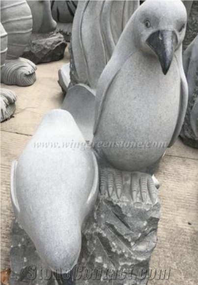 Chinese Animal Natural Stone Carving Grey Granite Penguins Statue