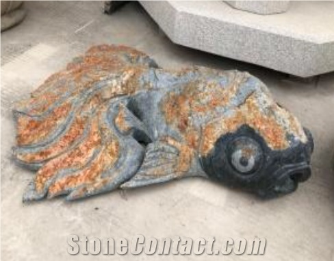 Hand Carved Fish for Decoration in Garden Yellow Black Grey Basalt