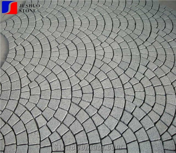 Fan Shaped G603 Sesame Grey Granite Cube Stone Pavers Set on Mesh