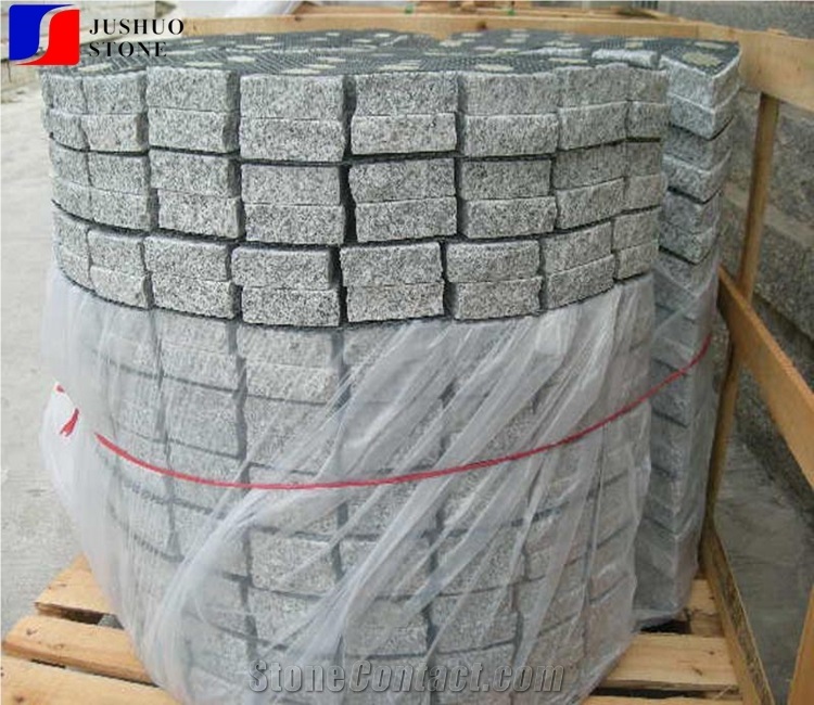 Fan Shaped G603 Sesame Grey Granite Cube Stone Pavers Set on Mesh