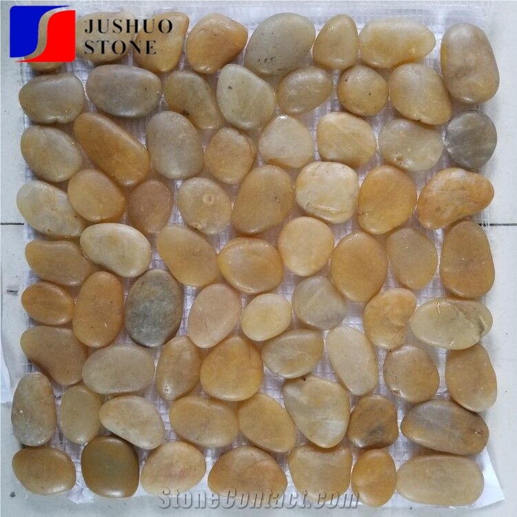 Yellow Mixed Falt River Pebble Mosaic with Net White Stone Gravels Walkway