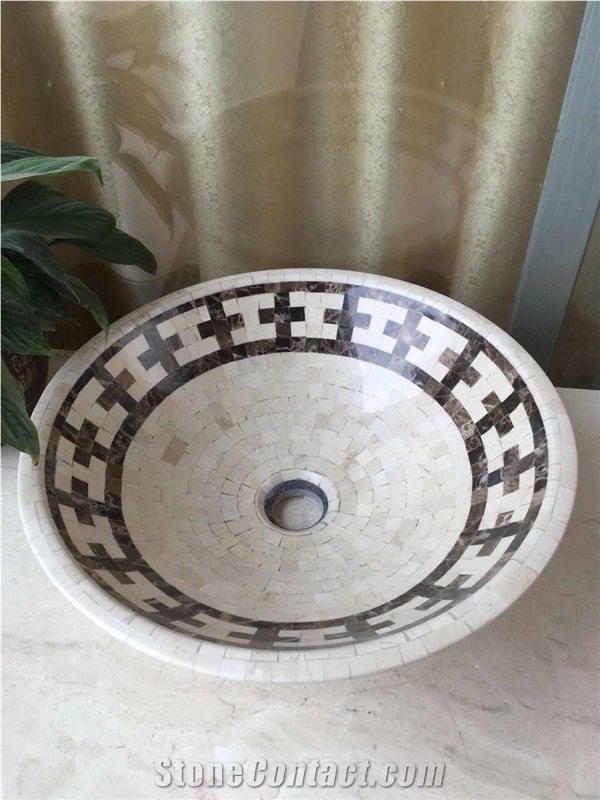 Marble Mosaic Basin,Stone Mosaic Round Bowls,Round Basin