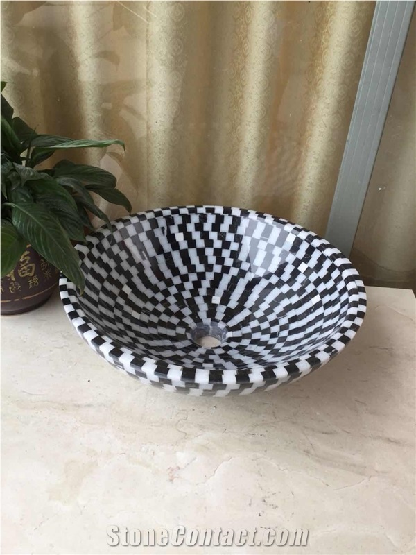 Marble Mosaic Basin,Stone Mosaic Round Bowls,Round Basin