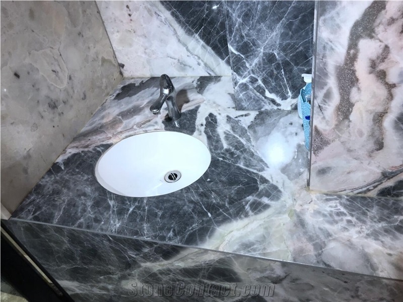 Translucent Onyx-Marble Look Bathroom Vanity Tops Abstractionist White