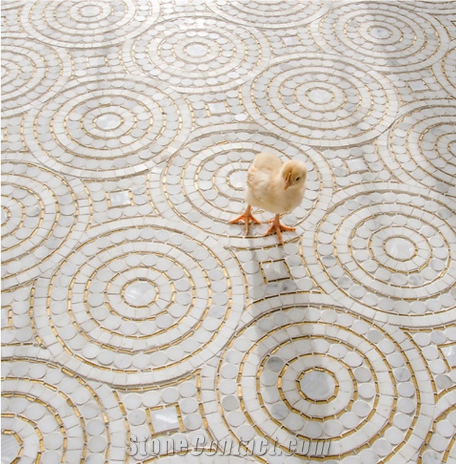 White and Golden Marble Round Mosaics,Floor Pattern,Mosaic Art