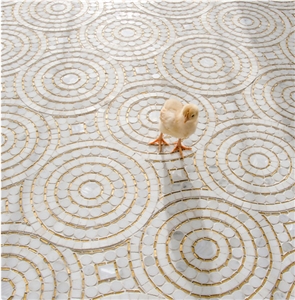 White and Golden Marble Round Mosaics,Floor Pattern,Mosaic Art