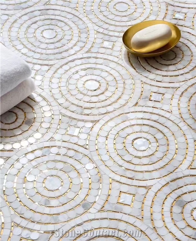 White and Golden Marble Round Mosaics,Floor Pattern,Mosaic Art