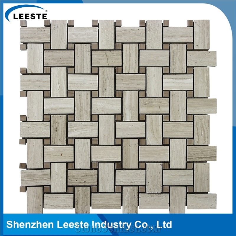 Basketweave Pattern Royal White Oak Marble Mosaic Tiles