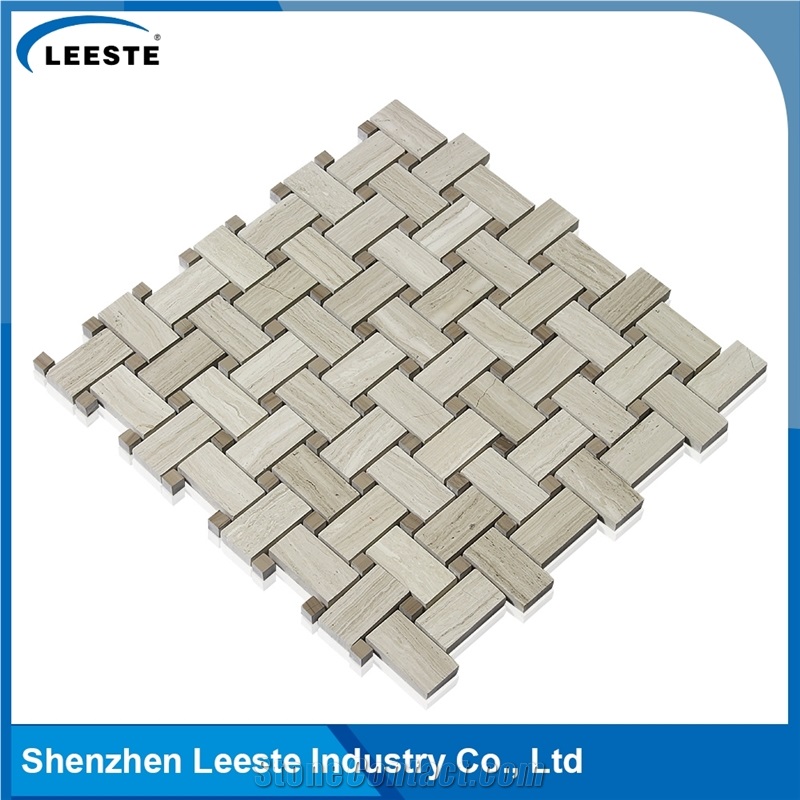 Basketweave Pattern Royal White Oak Marble Mosaic Tiles