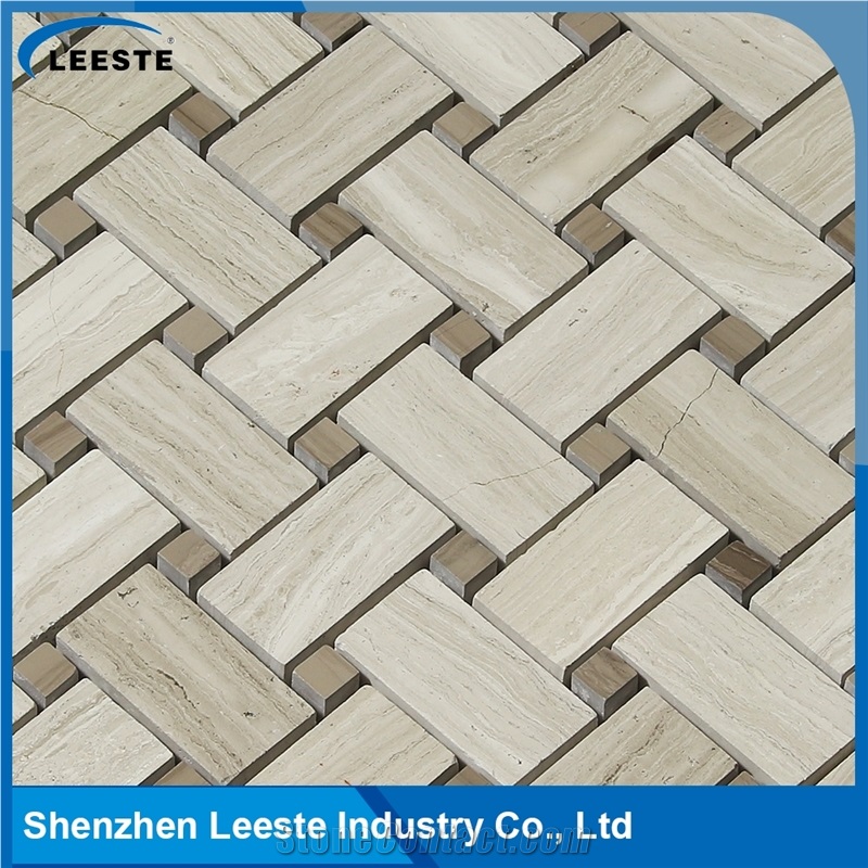 Basketweave Pattern Royal White Oak Marble Mosaic Tiles