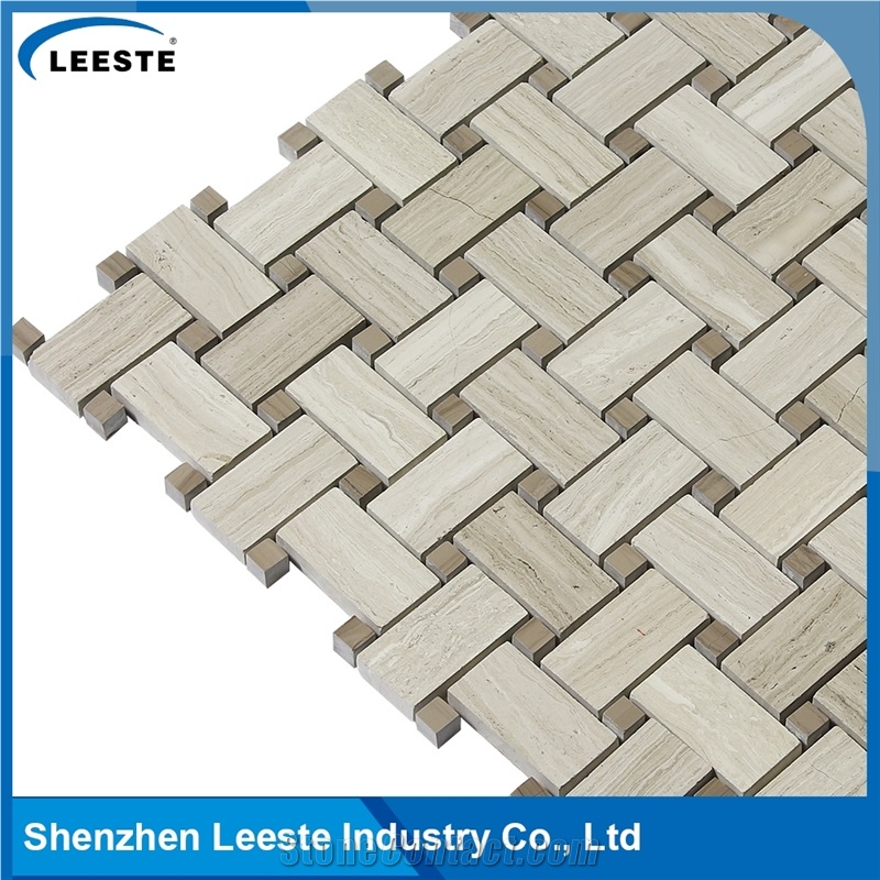 Basketweave Pattern Royal White Oak Marble Mosaic Tiles