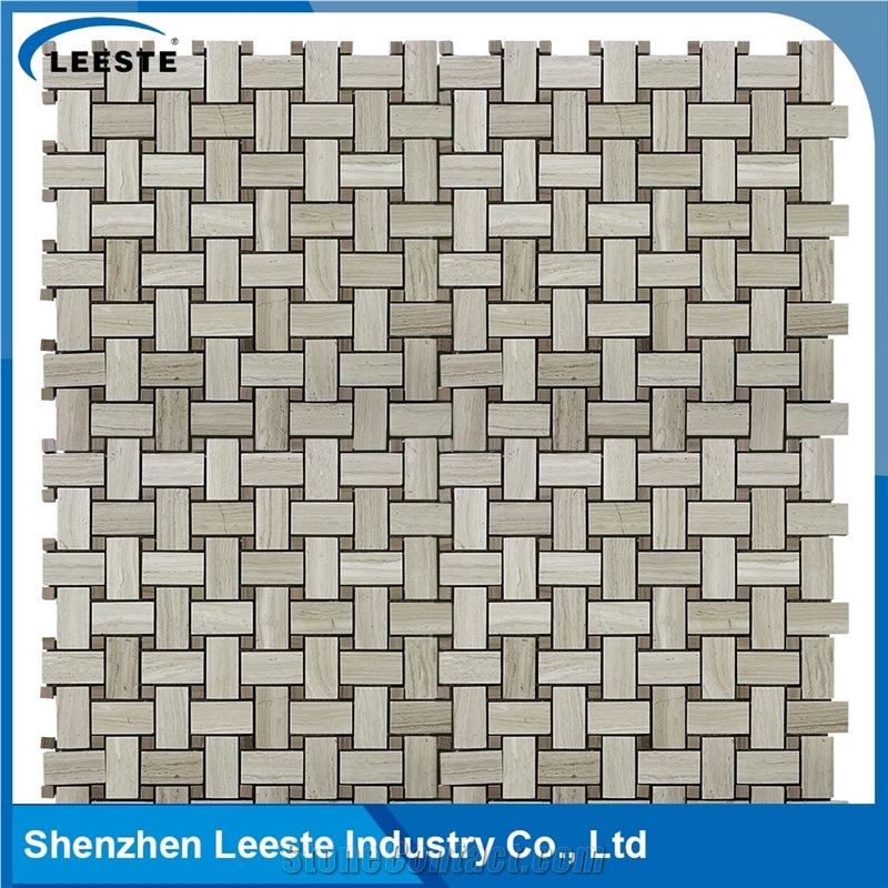 Basketweave Pattern Royal White Oak Marble Mosaic Tiles