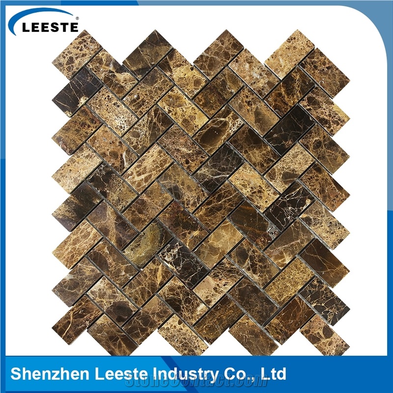 Spanish Dark Emperador Marble Herringbone 1x2 Marble Mosaic