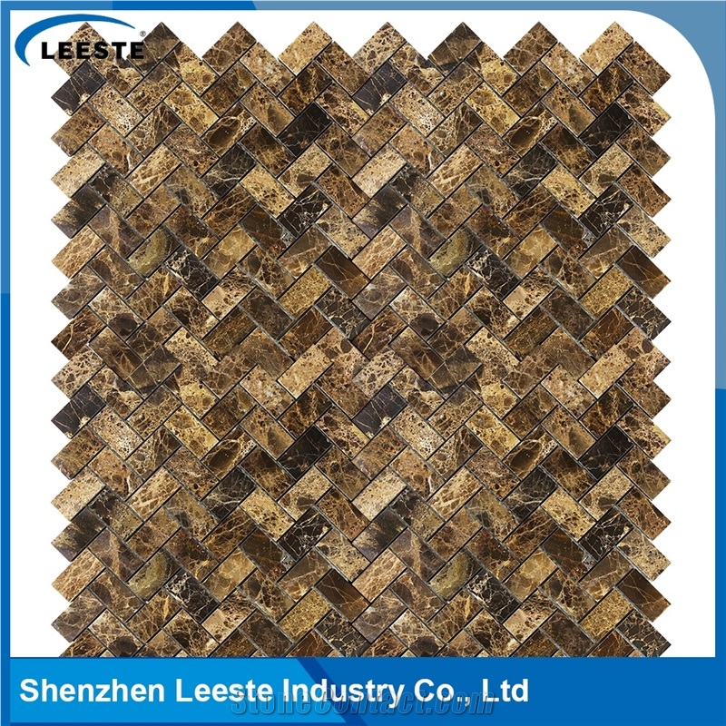 Spanish Dark Emperador Marble Herringbone 1x2 Marble Mosaic