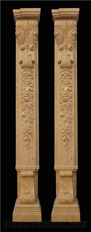 Beige Marble Hand Carved Building Columns, Sculptured Building Pillars