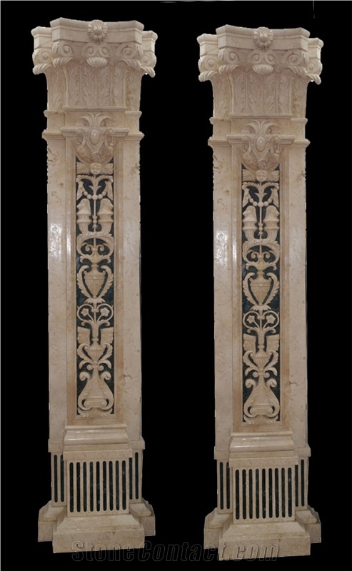 Beige Marble Hand Carved Building Columns, Sculptured Building Pillars