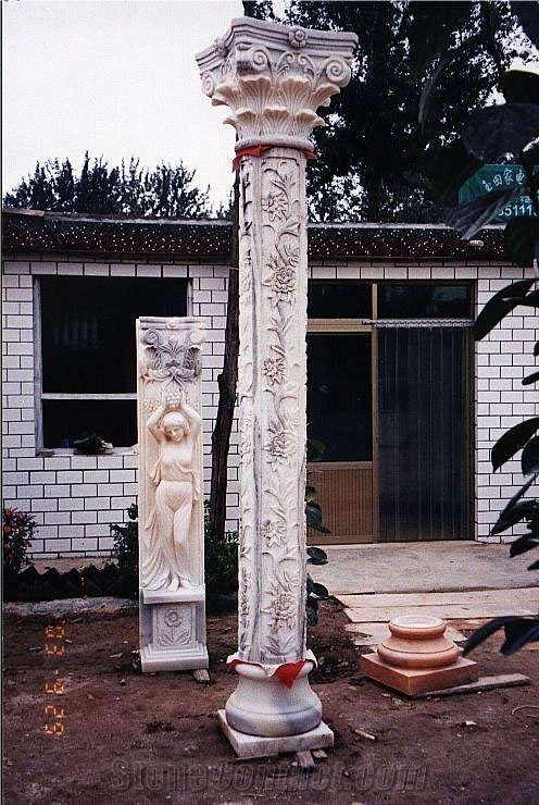 Beige Marble Hand Carved Building Columns, Sculptured Building Pillars