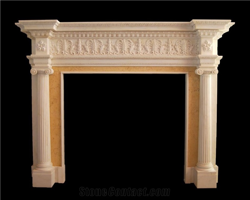 Beige Marble Handcarved Fireplaces Mantel, Western Sculpture Fireplace